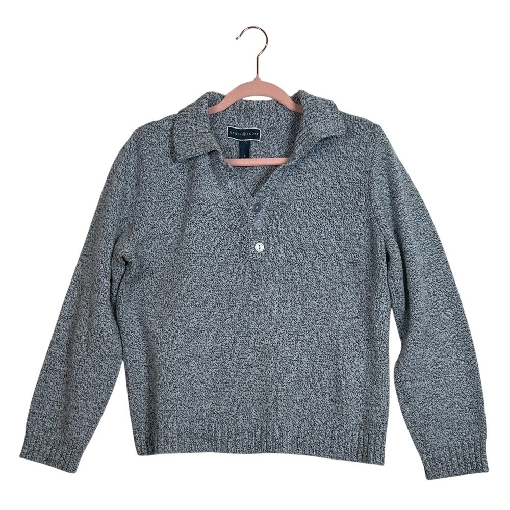 Karen Scott Sweater Womens L Blue Marl Polo Collar Button Long Slv Knit Pullover